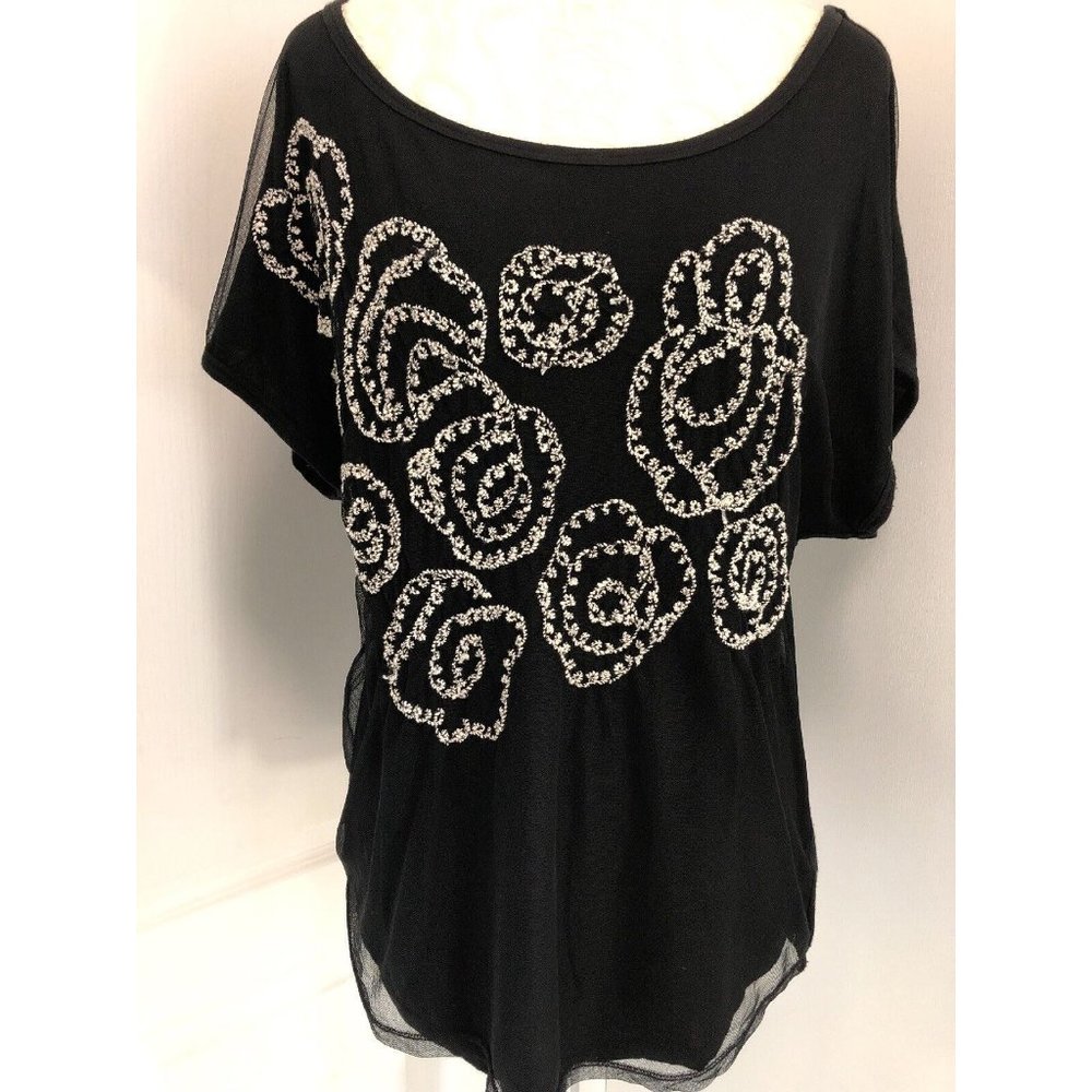 Free People Womens Black Blouse Sheer Front Overlay Flowy Embroidery Boho Top S